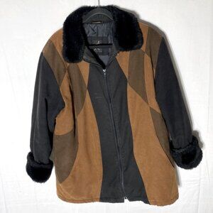 Vintage Luba Brown Black Faux Suede Colour Block Coat W Faux Fur Trim XL